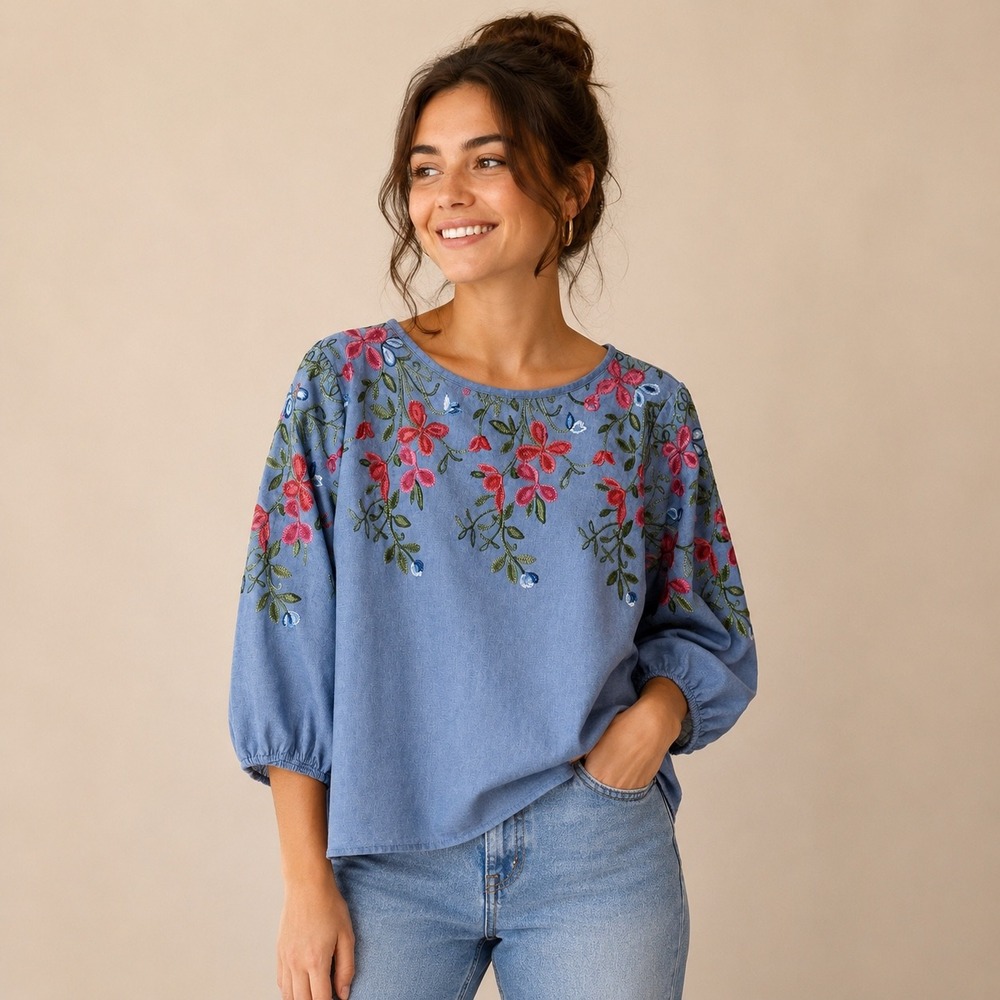 Kindred Embroidered Blouse XL Blue Floral Chambray Top